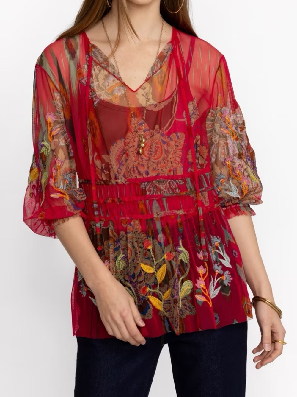 Johnny Was Biya Feather Lark Mesh Blouse Pink Floral Embroidered Boho Top M